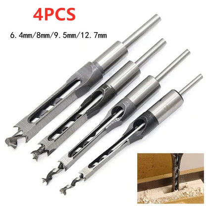 Square Hole Drill Bit Set – Mortise Chisel Kit for Drill Press (4 Pieces)