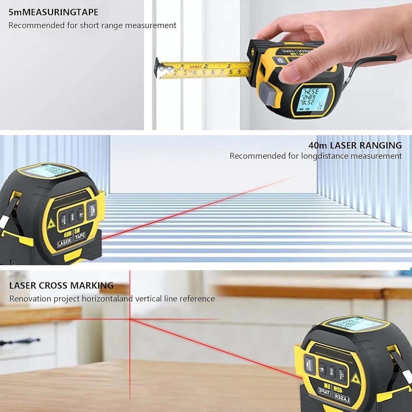 3-in-1 Laser Tape Measure – Digital Distance Meter with Steel Tape (40m/60m)