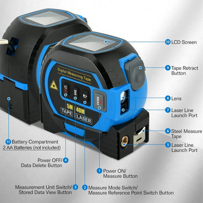 3-in-1 Laser Tape Measure – Digital Distance Meter with Steel Tape (40m/60m)