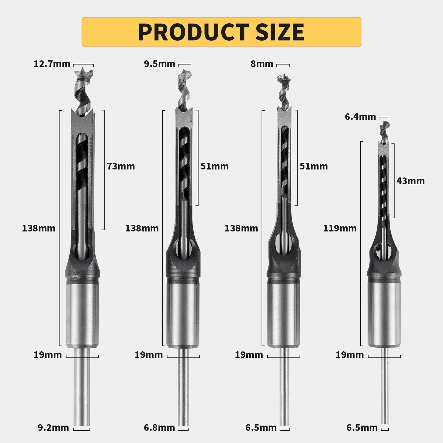 Square Hole Drill Bit Set – Mortise Chisel Kit with Drill Press Adapter (4 Pieces)