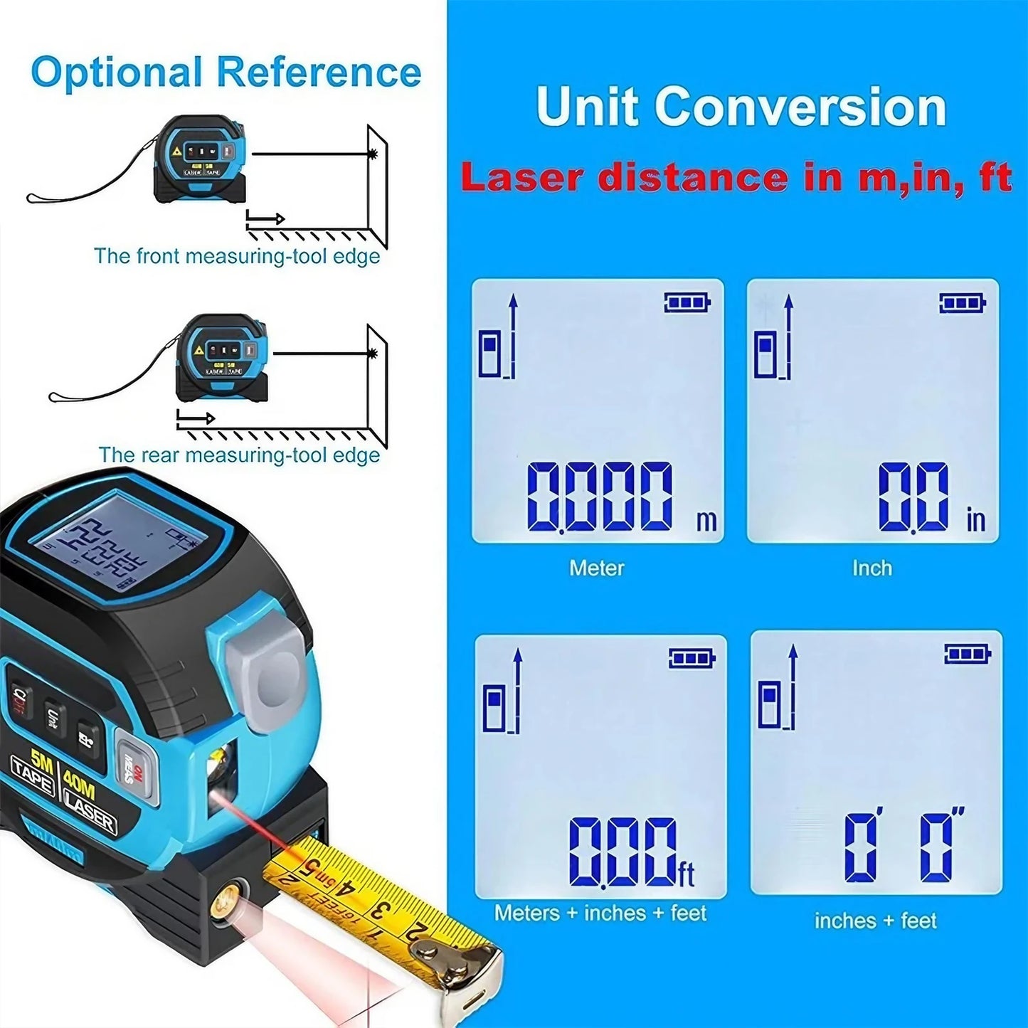 3-in-1 Laser Tape Measure – Digital Distance Meter with Steel Tape (40m/60m)