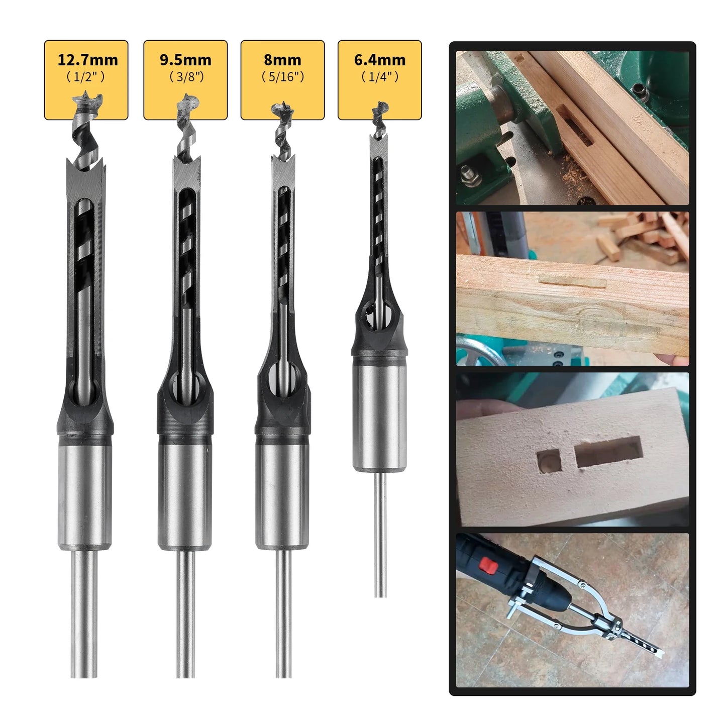 Square Hole Drill Bit Set – Mortise Chisel Kit with Drill Press Adapter (4 Pieces)