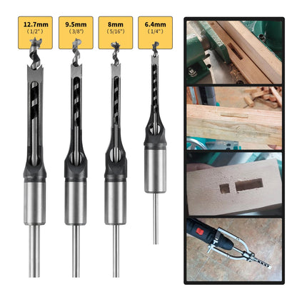 Square Hole Drill Bit Set – Mortise Chisel Kit with Drill Press Adapter (4 Pieces)